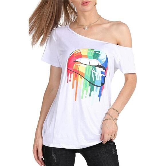 Womens Plus Size Lips Print Off Shoulder T Shirt Casual Summer Top Short Sleeve - Picture 7 of 8